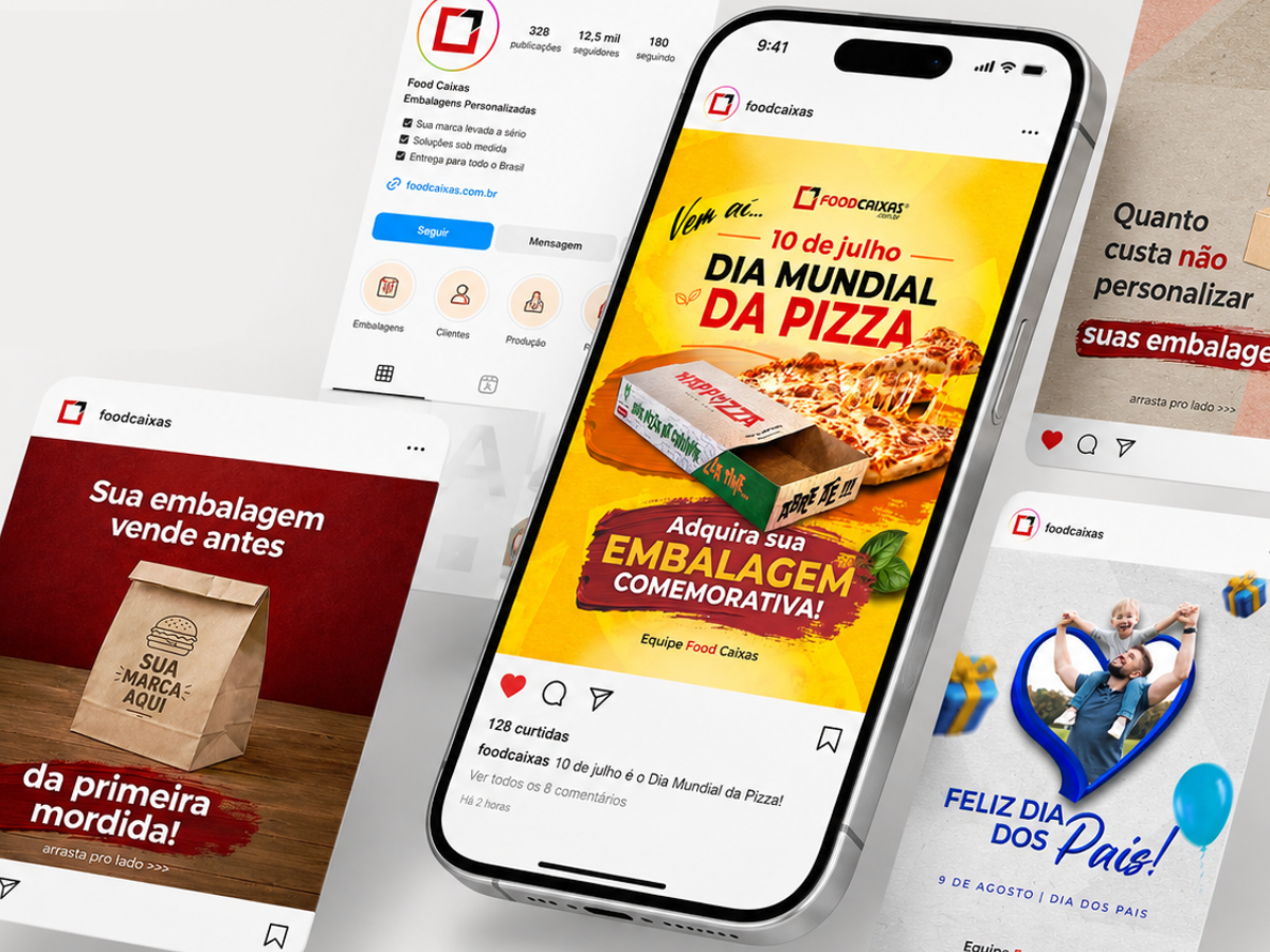 Posts e stories de Instagram para embalagens personalizadas exibidos em celular