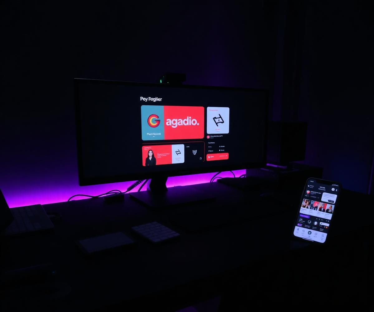 Ambiente de trabalho criativo com monitor exibindo projetos de identidade visual, cartões de visita sobre a mesa e smartphone com rede social